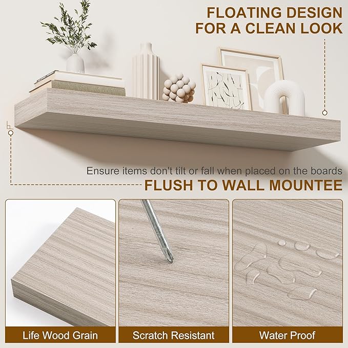 Fun Memories Floating Shelves for Wall, 36Inch Floating Shelves Set of 2, Hanging Shelf with Invisible Brackets, Bathroom Shelves for Living Room, Bedroom, Kitchen-Grey