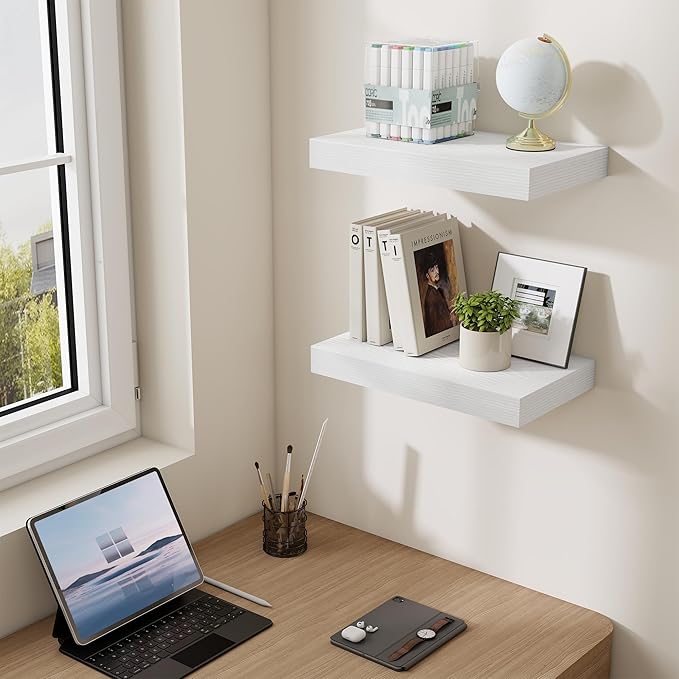 Dreamland 16 Inch Long Floating Shelves in White,6.7 Inch Deep Floating Shelf for Wall,Large Display & Storage Shelf, Wall Shelf for Bathroom Bedroom Living Room Kitchen Office，Set of 2