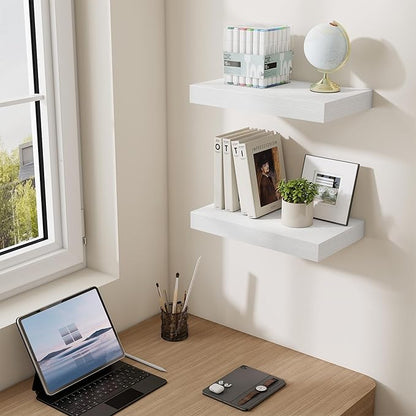 Dreamland 16 Inch Long Floating Shelves in White,6.7 Inch Deep Floating Shelf for Wall,Large Display & Storage Shelf, Wall Shelf for Bathroom Bedroom Living Room Kitchen Office，Set of 2