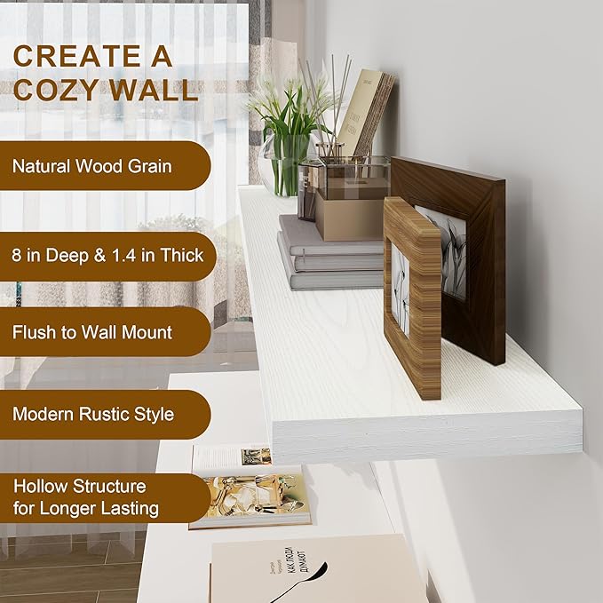 White Floating Shelves 48 Inch Long, 8 Deep Floating Shelves for Wall, Rustic 48
