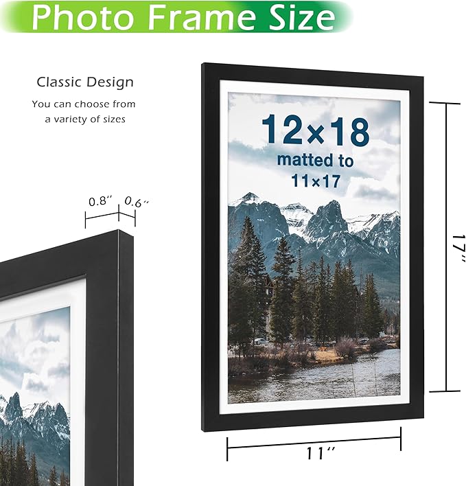 FrameWorks 12x18 mat to 11x17 Classic Wooden Picture Frames Tempered Glass/Black / 6-Pack