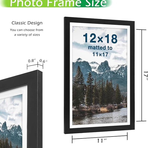 FrameWorks 12x18 mat to 11x17 Classic Wooden Picture Frames Tempered Glass/Black / 6-Pack