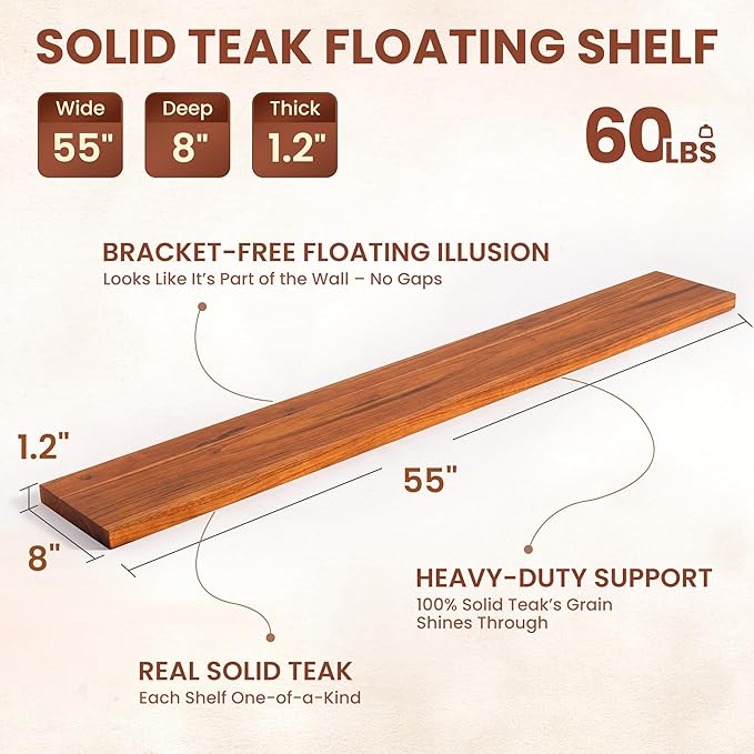 55 Inch Solid Wood Floating Shelf - 100% Solid Teak Wood Wall Shelf with Invisible Brackets - Waterproof Natural Wood Shelves for Bathroom, Kitchen, Balcony - Heavy Duty Floating Wall Decor