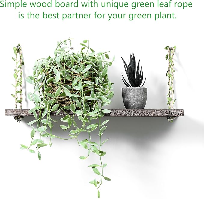 MITIME Leaf Rope Hanging Floating Shelves, Wall Swing Storage Shelf for Home Decor.17, 3-Pack (Retro Color)