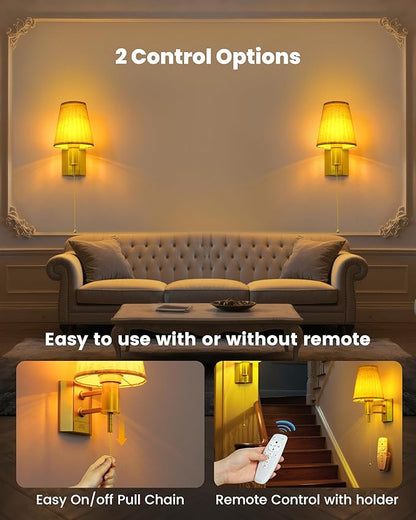 Battery Operated Wall Sconce Lights for Bedroom Set of 2, Wireless Rechargeable LED Wall Lamp with Remote & On/Off Pull Chain, Wall Mount Lighting Fixtures for Living Room, Satin Gold