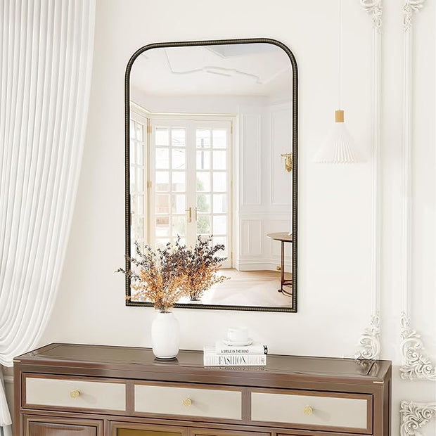 Axeman 32x48 Rounded Rectangular Wall Mirror, Decorative Bathroom Mirror, Traditional Vintage Wall Mounted Mirror with Beaded Frame for Accent Living Room Vanity Bedroom Entryway, Black