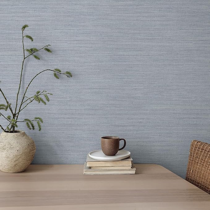 Tempaper Textured Powder Blue Horizontal Faux Grasscloth Removable Peel and Stick Wallpaper, 20.5 in X 16.5 ft, Made in The USA