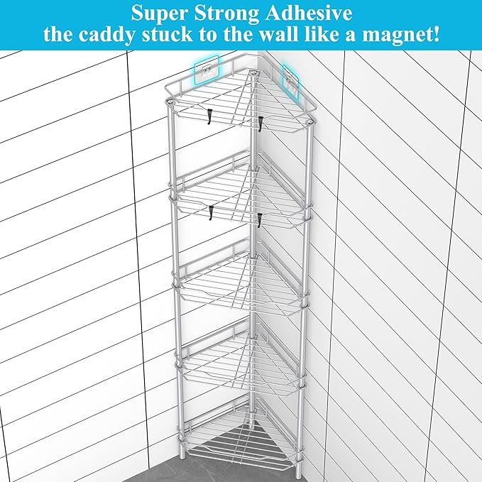 5 Tier Floor Standing Corner Shower Caddy Organizer Shelf with Hooks, Bathroom Shelves Stand Rack, Silver