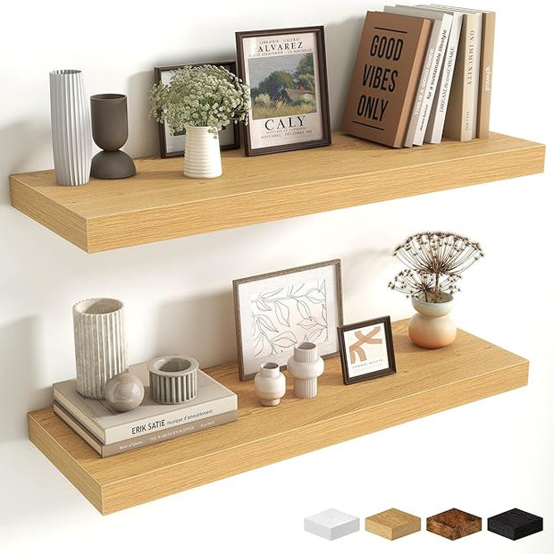 Fun Memories Floating Shelves for Wall, 30 Inch Long Floating Shelves Set of 2, 30 x 10 Wooden Shelves for Wall, Large Storage Shelves, Hanging Shelves for Bathroom Kitchen Bedroom, Oak