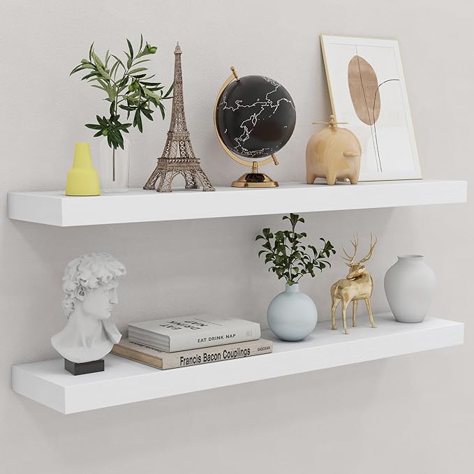 fuqing 36 Inch White Floating Shelves for Wall, Solid Wood White Floating Shelves Set of 2, Lightweight Wood Wall Mounted Shelves for Bathroom Bedroom Living Room Kitchen