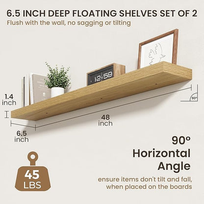 48 Inch Floating Shelves | 6.5 Inch Deep Oak Floating Shelves Set of 2 | 48" W x 6.5" D Rustic Oak Shelves with Invisible Brackets for Bathroom Living Room Bedroom