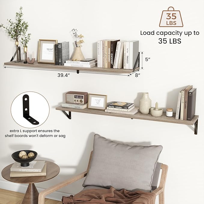 Axeman 40 Inch Floating Shelves | 8 Inch Deep Grey Wall Shelves Set of 2 | 39.4