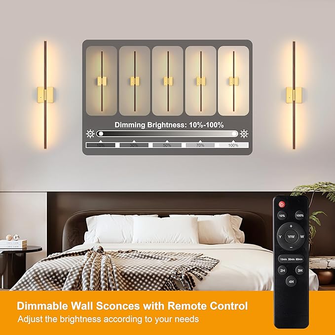 Walnut Battery Operated Wall Sconce with Remote Control, Rechargeable Wall Sconces Set of 2, LED Wireless Wall Light, 24″ Modern Sconce Wall Decor for Background Wall, Bedroom, Living Room