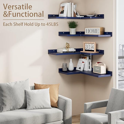 4 Tier Floating Shelves - Navy Blue Set of 4, Rustic Pine Wooden L Shaped Corner Wall Shelf for Wall Decor Storage, Bedroom, Living Room, Bathroom, Kitchen
