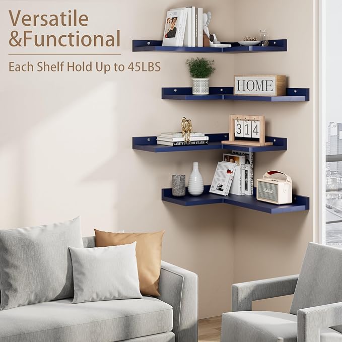 4 Tier Floating Shelves - Navy Blue Set of 4, Rustic Pine Wooden L Shaped Corner Wall Shelf for Wall Decor Storage, Bedroom, Living Room, Bathroom, Kitchen