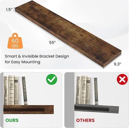 Floating Shelves for Wall, 55"W x 9.3"D x 1.5"H, Long Wooden Wall Mounted Display Shelf with Invisible Brackets for Living Room, Bedroom, Bathroom, Kitchen Decor & Storage,Set of 1,Rustic Brown
