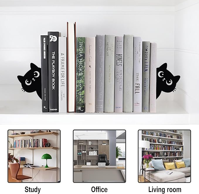Bookends Metal Cat Book Ends, 1 Pairs Cute Bookends for Shelves Decorative for Home Office Desk Bookshelf Decor (Black, Cartoon)