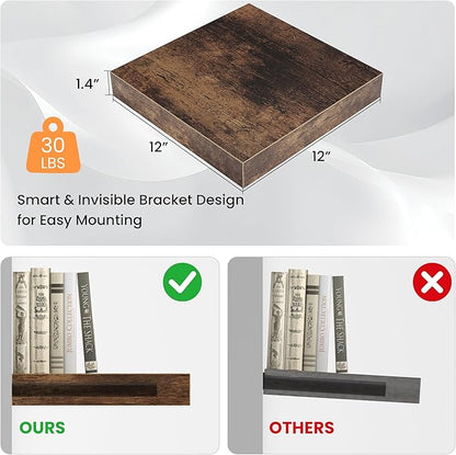 Square Floating Shelves for Wall, 12"W x 12"D x 1.4"H, Small Wooden Wall Mounted Display Shelf with Invisible Brackets for Living Room, Bedroom, Bathroom, Kitchen Decor, Set of 3, Rustic Brown