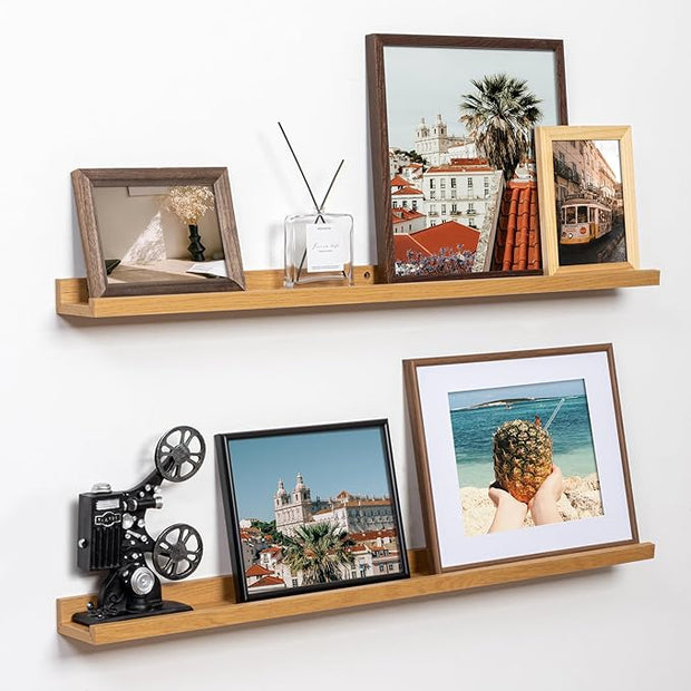 Fun Memories Picture Ledge Shelf, 32 Inch Floating Shelves Set of 2, Large Nursery Book Shelves for Toys Storage, Kids Bookshelf Wall Mounted for Wall Decor Books Photo Frames, Oak