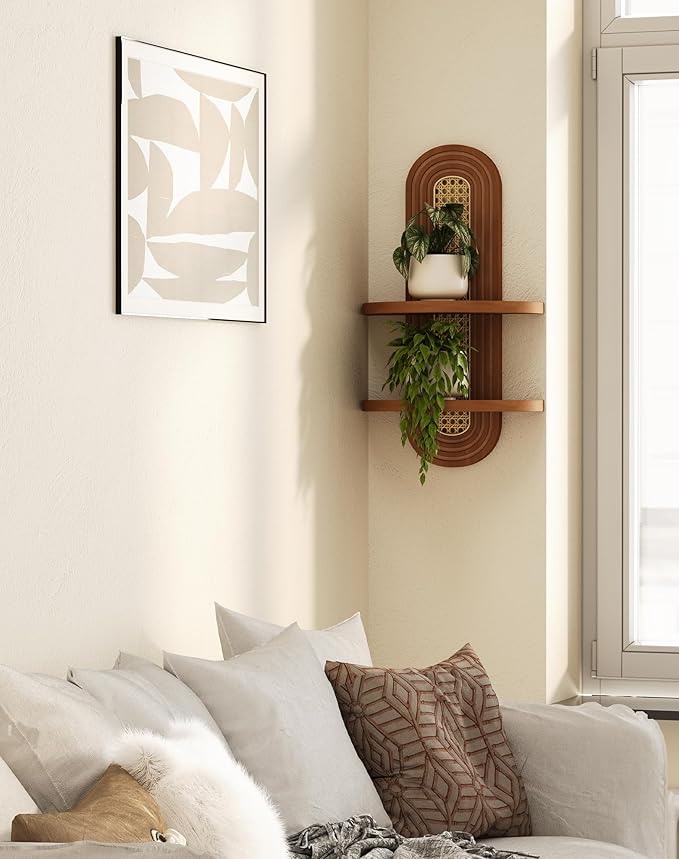 Floating Shelves for Wall,Boho Home Wall Decor,2-Tier Rattan Plant Shelf,Mid Century Hanging Small Decorative Shelf,Natural Wood Shelves for Living Room,Bedroom,House,Office,1-Pack (Walnut)