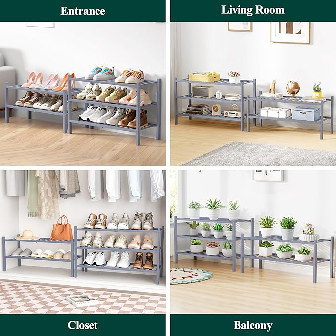 Smiry Bamboo Shoe Rack for Closet, 3 Tier Long Wooden Stackable Shoe Organizer, Free Standing Shoes Storage Shelf for Entryway, Front Door Entrance, Grey