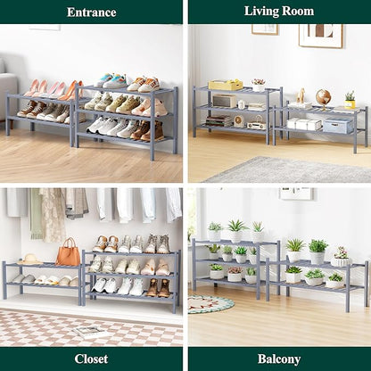 Smiry Bamboo Shoe Rack for Closet, 2 Tier Small Wooden Stackable Shoe Organizer, Free Standing Shoes Storage Shelf for Entryway, Front Door Entrance, Grey