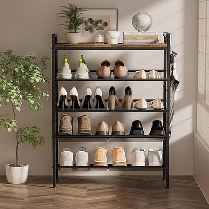 5 Tier Shoe Rack, Shoe Rack for Front Door Entrance with Hook, Shoe Organizer with Adjustable Mesh Shelves, Metal Shoes Rack for Entryway, Closet, Bedroom Living Room Garage