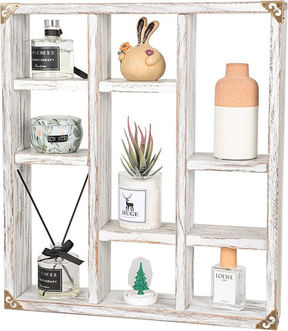 17.7x15.7-Inch Shadow Box Shelf 9-Slot Rustic Wood Floating Shelves Larger Shelf Lightweight Solid Wood Display(Set of 2,9C-Rustic White)