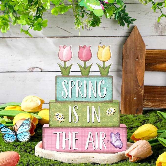 Marsui 4 Pcs Spring Table Decorations Tulip Flower Wooden Block Signs Pastel Tulip Tabletop Centerpieces Farmhouse Distressed Easter Spring Decor for Home Table Kitchen Shelf Tiered Tray Decor