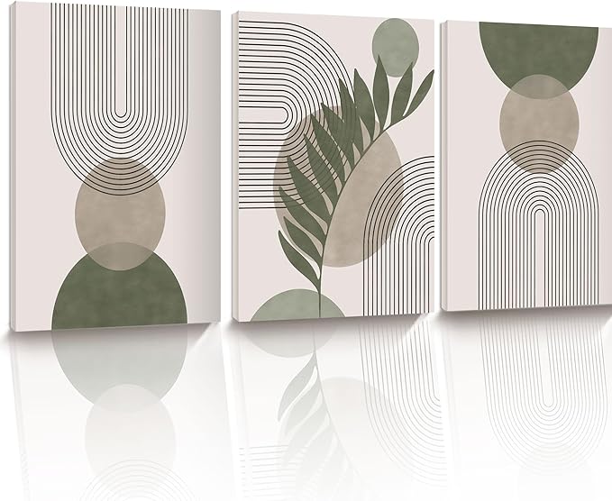 HesenDot 40x60CM Sage Green Boho Wall Art, Botanical Geometric Framed Canvas Bathroom Wall Art, Mid-Century Modern Wood Frame Abstract Prints for Living Room Bedroom Bathroom Home Decor, Set of 3