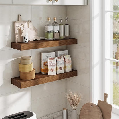 Fun Memories Floating Shelves Set of 2, 24 Inch Floating Shelves for Wall, Wood Wall Shelves with Invisible Brackets, for Bathroom, Bedroom, Living Room, Kitchen, Walnut