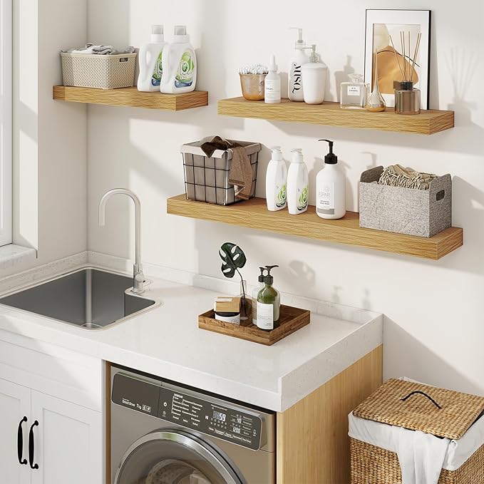 fuqing Floating Shelves for Wall, Wall Mounted Wood Floating Shelf with Invisible Brackets for Living Room, Bathroom, Bedroom, Kitchen Storage and Decor, 55 Inch Set of 2, Oak