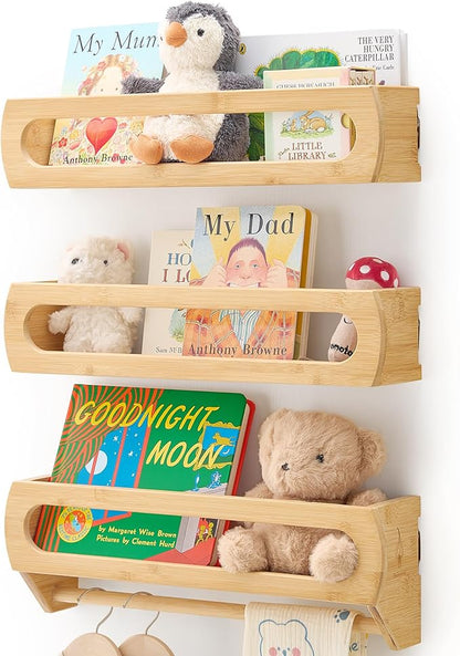 Nursery Book Shelves, Premium Bamboo Wood, Fully Assembled - Nursery Decor, Book Shelf for Kids Rooms, Multi-Use Floating Shelves for Wall with Hanger Bar, Set of 3 (Natural, 16.5 Inches)
