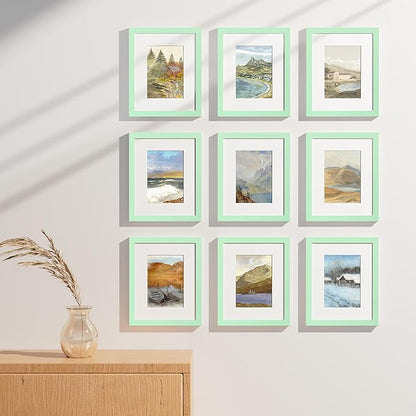 Vittanly 8x10 Picture Frames Set of 9, Shatter Resistant Plexiglass, Display 5x7 Pictures with Mat or 8x10 without Mat, Photo Frames for Wall or Tabletop, Engineered Wood, Light Green