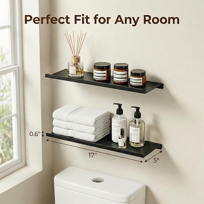 SRIWATANA Black Metal Wall Shelves, 17 Inch Floating Shelves for Bedroom, Living Room, Bathroom, Kitchen, Set of 2 - Matte Black
