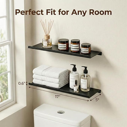 SRIWATANA Black Metal Wall Shelves, 17 Inch Floating Shelves for Bedroom, Living Room, Bathroom, Kitchen, Set of 2 - Matte Black