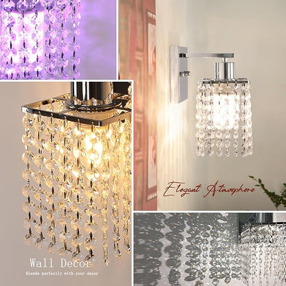 Set of 2 Crystal Battery Operated Wall Sconce,Rechargeable Wall Lamp with 5200mAh Battery & Remote Control, Modern Dimmable Wireless Wall Lights for Bedroom Bathroom (Clear, Silver Base)