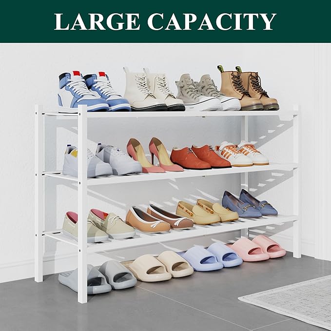 Smiry Bamboo Shoe Rack for Closet, 3 Tier Long Wooden Stackable Shoe Organizer, Free Standing Shoes Storage Shelf for Entryway, Front Door Entrance, White