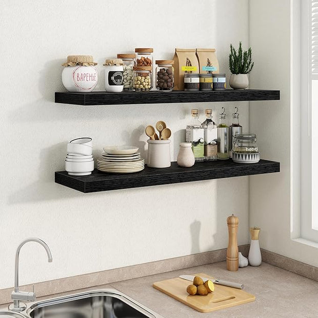 Fun Memories 40" W x 9.3" D Black Floating Shelves for Wall, Deep Long Floating Shelf for Home Bathroom, Bedroom, Living Room, Rustic Wood Wall Mounted Shelves for Books Decor