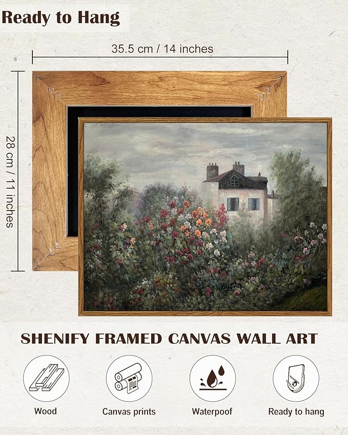 SHENIFY Landscape Framed Canvas Wall Art Vintage Classical Flower Garden Prints Hallway Bathroom Office Decor - 11x14in Natural Framed