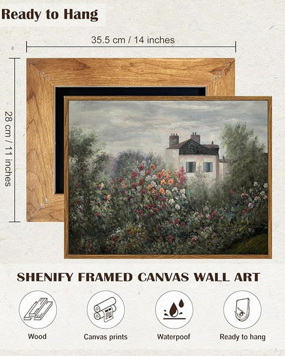 SHENIFY Landscape Framed Canvas Wall Art Vintage Classical Flower Garden Prints Hallway Bathroom Office Decor - 11x14in Natural Framed