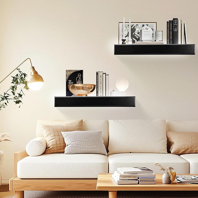 24 Inch Picture Ledge Shelf with Lip,Floating Shelves for Wall, Set of 2 Solid Pine Wood Shelves with Invisible Brackets, Wall Storage for Living Room, Bedroom, Kitchen, Bathroom(Black)
