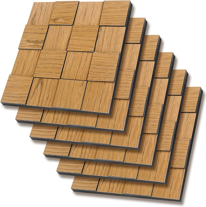Checkerboard Acoustic Wall Panels – 6 Pack Golden Teak 3D Sound Absorbing Wall Panels 15.7” x 15.7” for Home & Apartment Interior Design, Checker Pattern Soundproof Decor Panels
