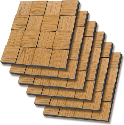 Checkerboard Acoustic Wall Panels – 6 Pack Golden Teak 3D Sound Absorbing Wall Panels 15.7” x 15.7” for Home & Apartment Interior Design, Checker Pattern Soundproof Decor Panels