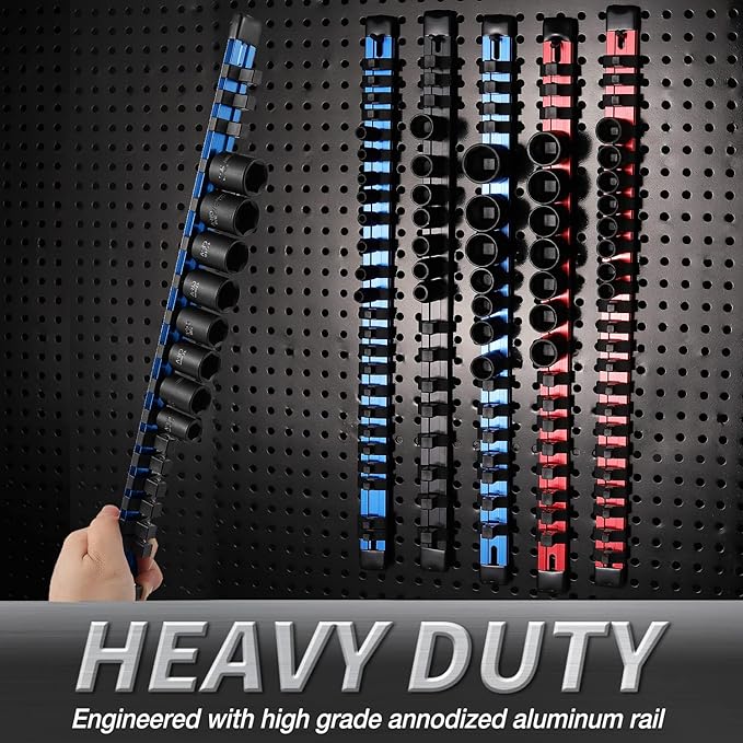 ALOANES 1/4-Inch Drive Aluminum Alloy Socket Rail Organizer, Heavy Duty Socket Racks, Socket Holder Kit for Toolbox Drawer Fit 1/4-Inch x 24 Clips (Blue)