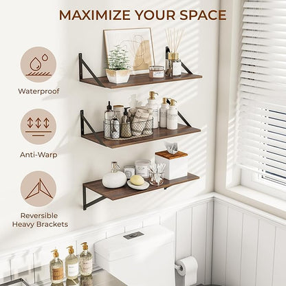 Heimlove 24" W x 12" D Wall Shelves for Books, 12 Inch Deep Floating Shelves Set of 3, Wide Floating Bookshelf with Metal Bracket for Living Room, Kitchen, Office, Bedroom and Decor Storage - Walnut