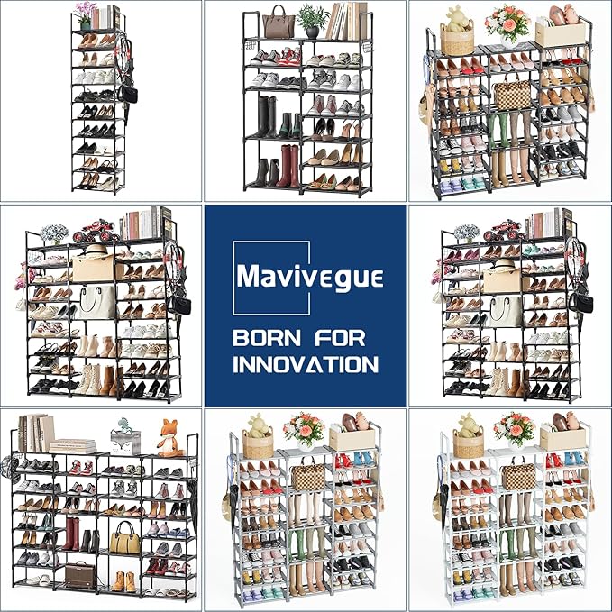 Mavivegue 10 Tiers Shoe Rack Tall Shoe Organizer Shoe Storage 55-65 Pairs Vertical Shoe Shelf Large Shoe Rack Organizer Stackable Shoe Racks for Entryway, Closet, Garage, Bedroom,Cloakroom -Black