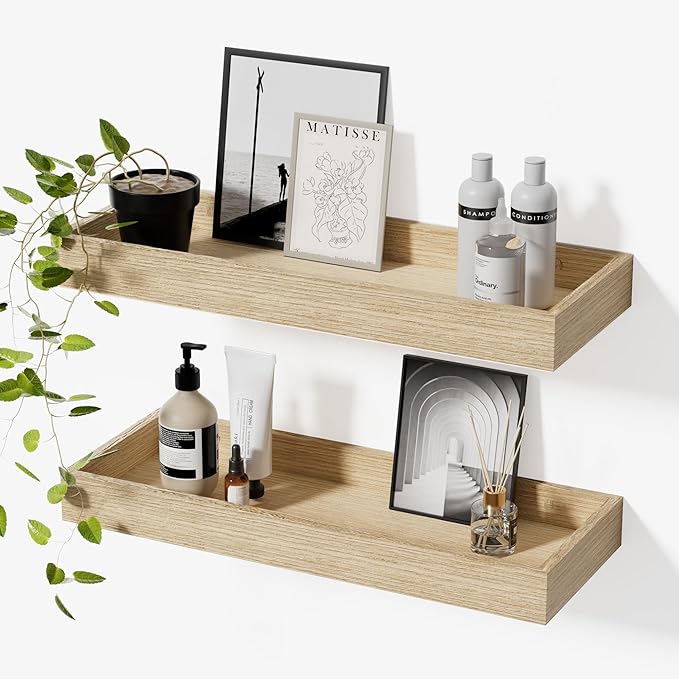 Floating Shelves for Wall, 15.7 Inch Picture Ledge with Raised Lip, Bathroom Shelves Over Toilet, Nursery Book Shelves, Kitchen Spice Rack, Wall Decor Display Ledge, Set of 2, Oak