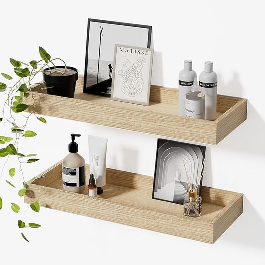 Floating Shelves for Wall, 15.7 Inch Picture Ledge with Raised Lip, Bathroom Shelves Over Toilet, Nursery Book Shelves, Kitchen Spice Rack, Wall Decor Display Ledge, Set of 2, Oak