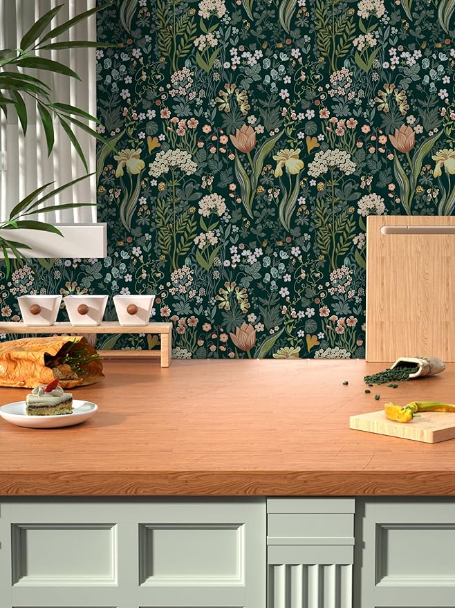 Peel and Stick Wallpaper Vintage Wall Paper Green Floral Contact Paper Removable Wallpaper 17.3"x118" Leaf Flower Self Adhesive for Bedroom Drawer Decor Vinyl Rolls